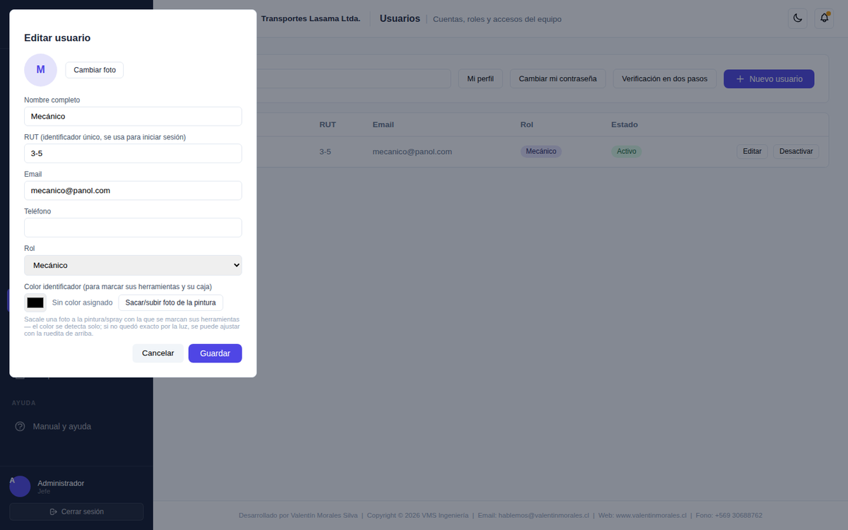 Ficha de un mecánico con el selector de color identificador